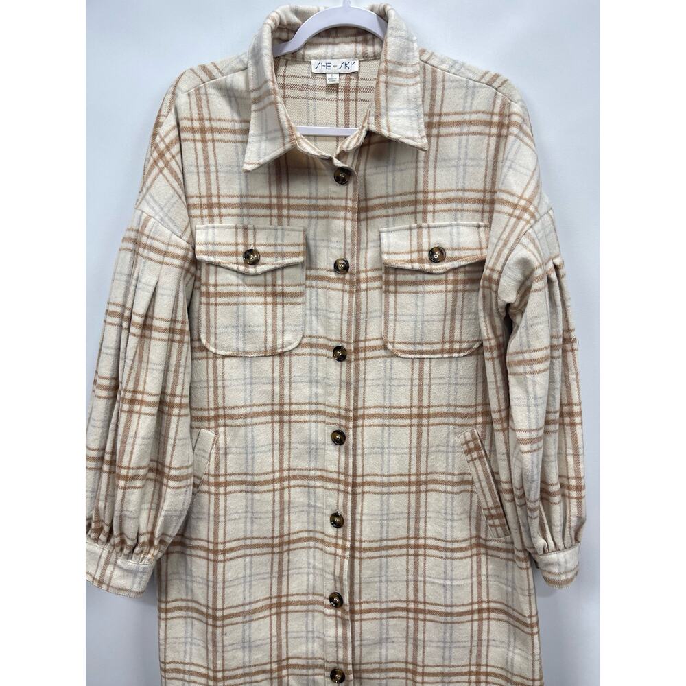 She + Sky Cream Tan Gray Plaid Flannel Button Front Shacket Jacket